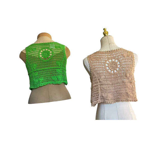 NWT Julia by LoveJ Womens Large Green Beige Crochet Vests Set Boho Sleeveless - Picture 2 of 13
